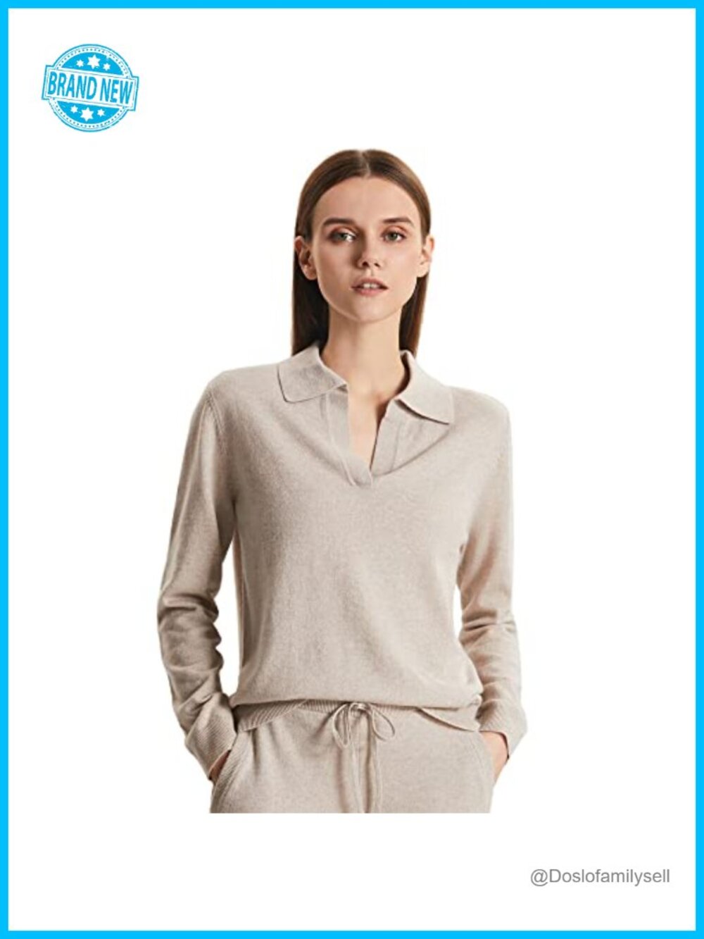 Cashmere Nylon Deep V-Polo Oversize Pullover Sweater Long Sleeve